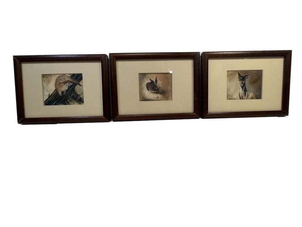 Set of 3 Vintage 1983 Signed Original Hagwood Wildlife Miniature watercolor